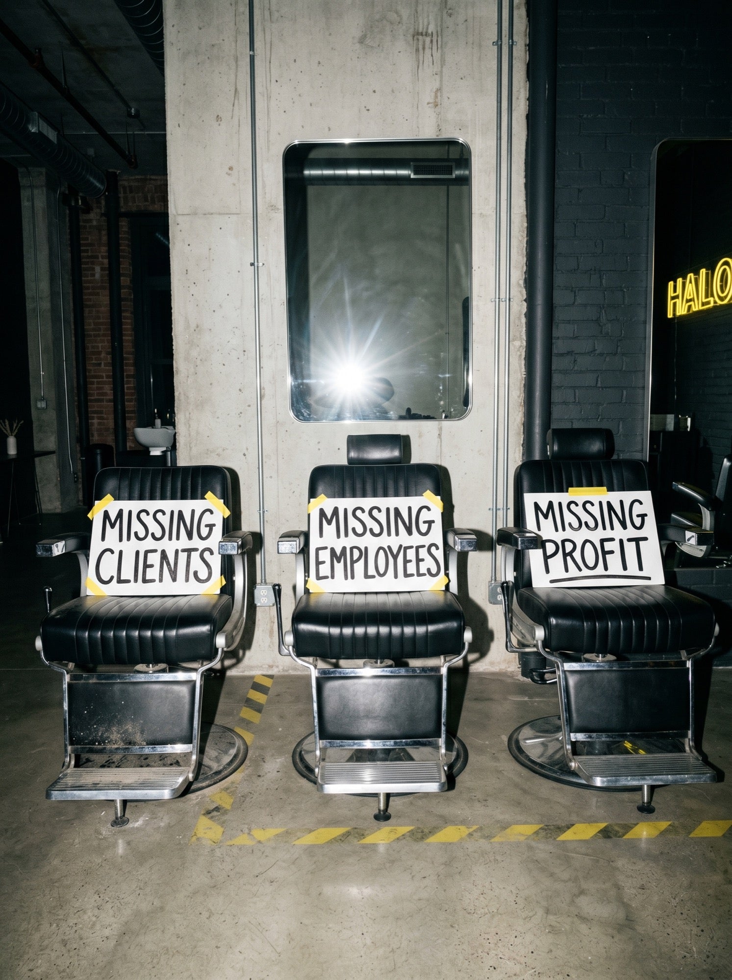 Drei Friseurstühle mit Schildern: Missing Clients, Missing Employees, Missing Profit