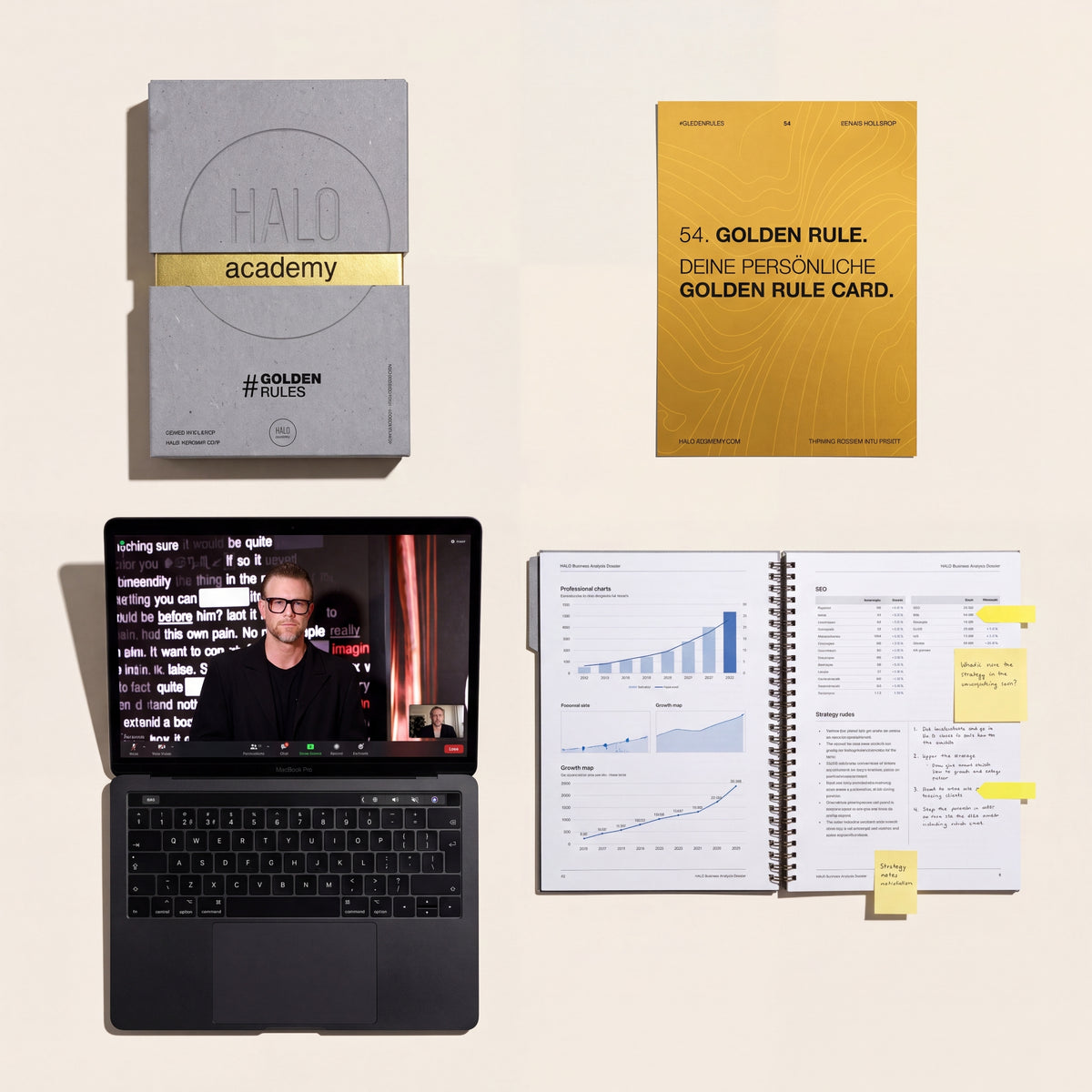 Bestandteile der HALO Analyse+: GoldenRules Box, persönliche Golden Rule Card Nr. 54, Laptop mit Videocall und Analyse-Dossier