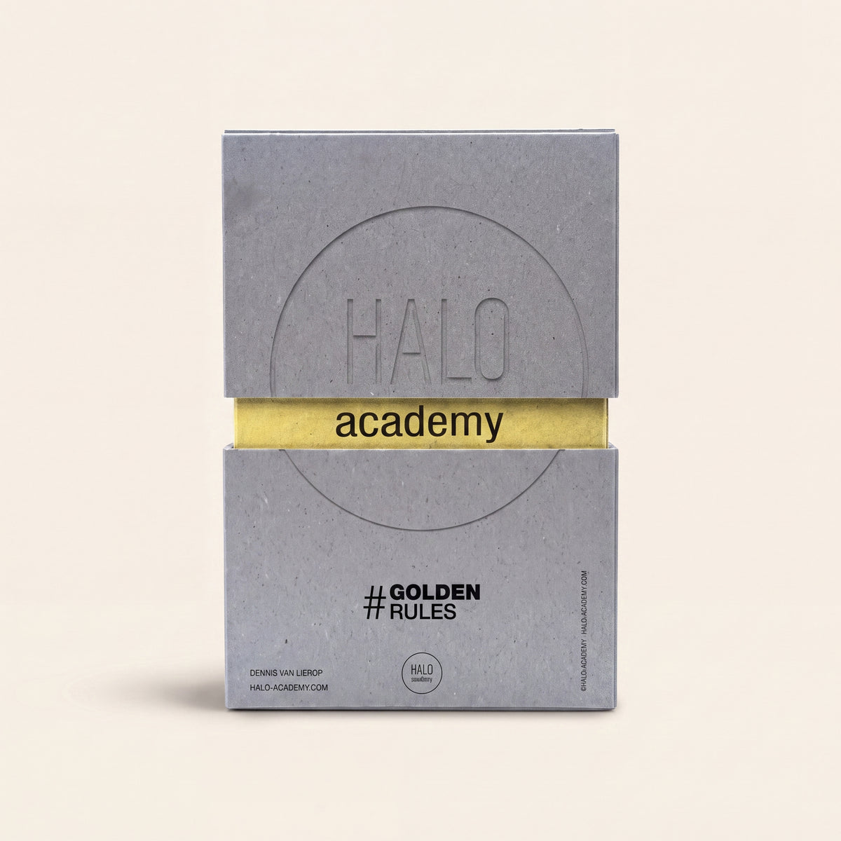 HALO GoldenRules Box im grauen Karton mit gelber Banderole, Frontansicht
