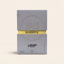 HALO GoldenRules Box im grauen Karton mit gelber Banderole, Frontansicht