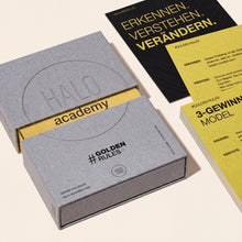 HALO GoldenRules Box mit Regelkarten „Erkennen. Verstehen. Verändern.“ und „3-Gewinne-Model“