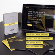 HALO GoldenRules Box vor einem Laptop mit den Hinweisen kein PDF, kein Download, Fokus statt Überforderung, 53 Golden Rules, 90-Tage-Fahrplan