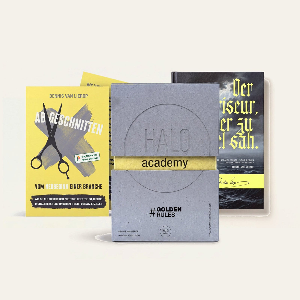 HALO Paket 1: GoldenRules Box mit den Büchern Abgeschnitten und Der Friseur, der zu viel sah von Dennis van Lierop