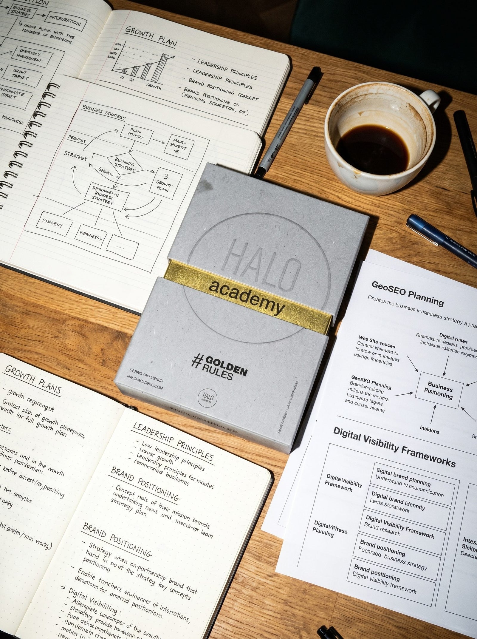 Arbeitstisch mit Notizbuch, Plänen und der GoldenRules Box